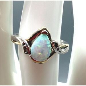 Vintage Pear Opal Ring 925 Sterling Silver 10K Yellow Gold Filigree Size 7